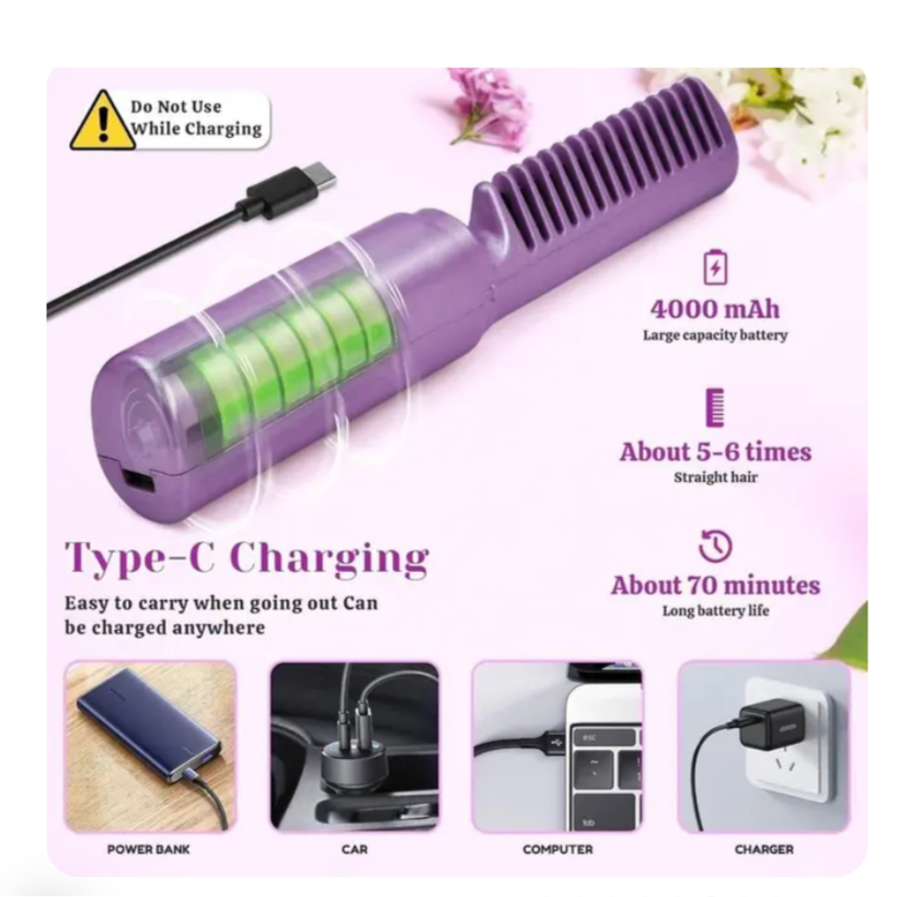 Rechargeable hair straightener comb