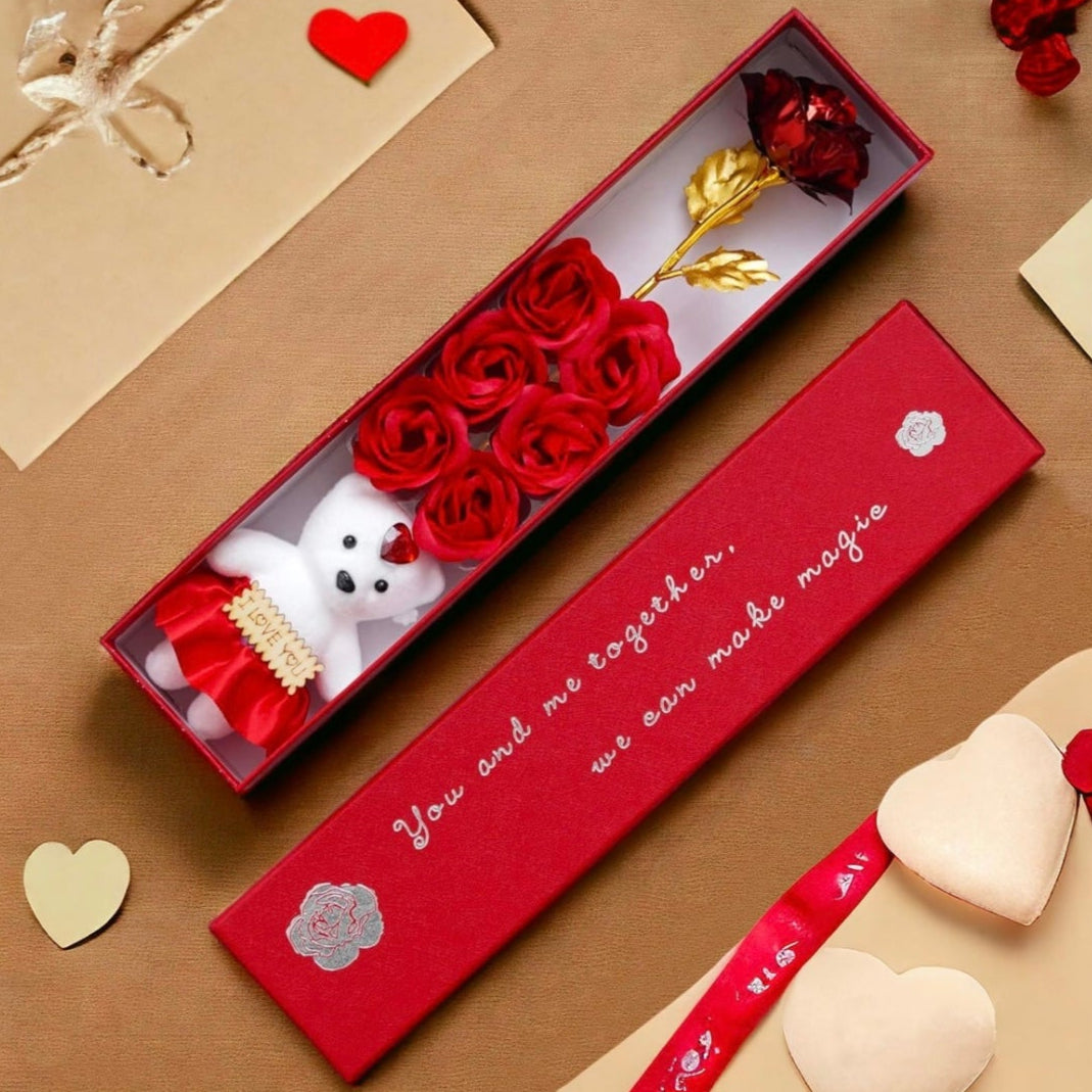 ascension Plastic Artificial Flower & Teddy Gift Box Red Rose with Romantic I Love You Teddy Bear