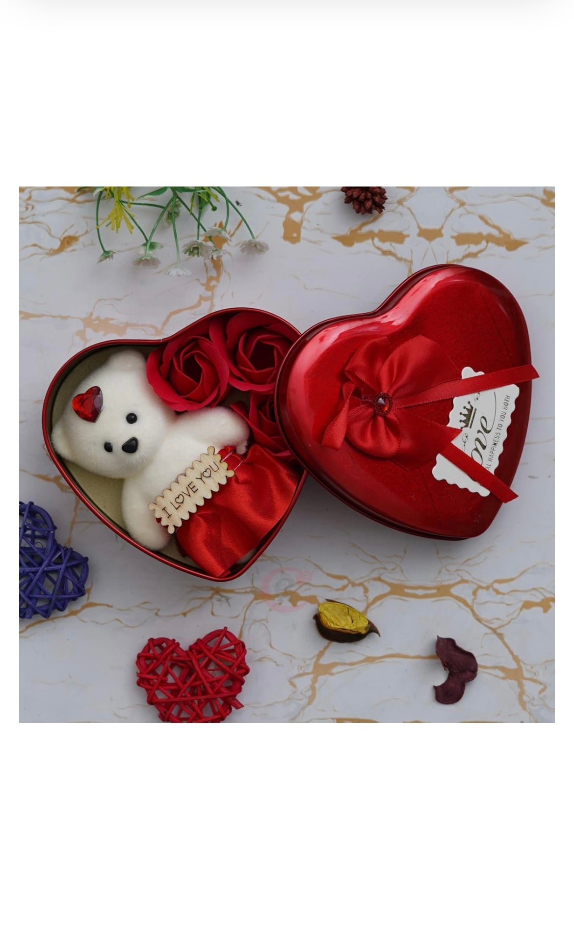 Heart Shaped Valentines Day Gift Box with I Love You Message Teddy Bear 3 Red Roses