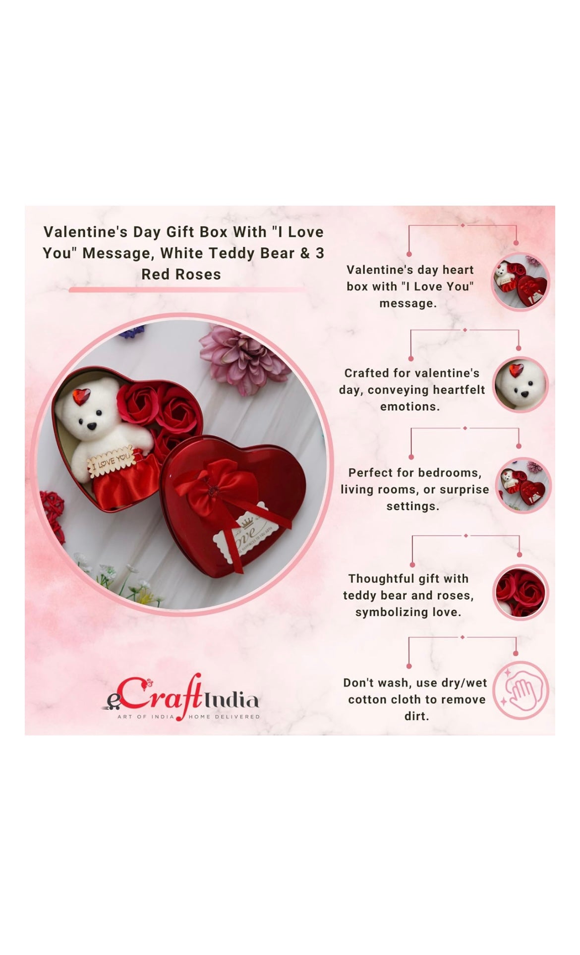 Heart Shaped Valentines Day Gift Box with I Love You Message Teddy Bear 3 Red Roses