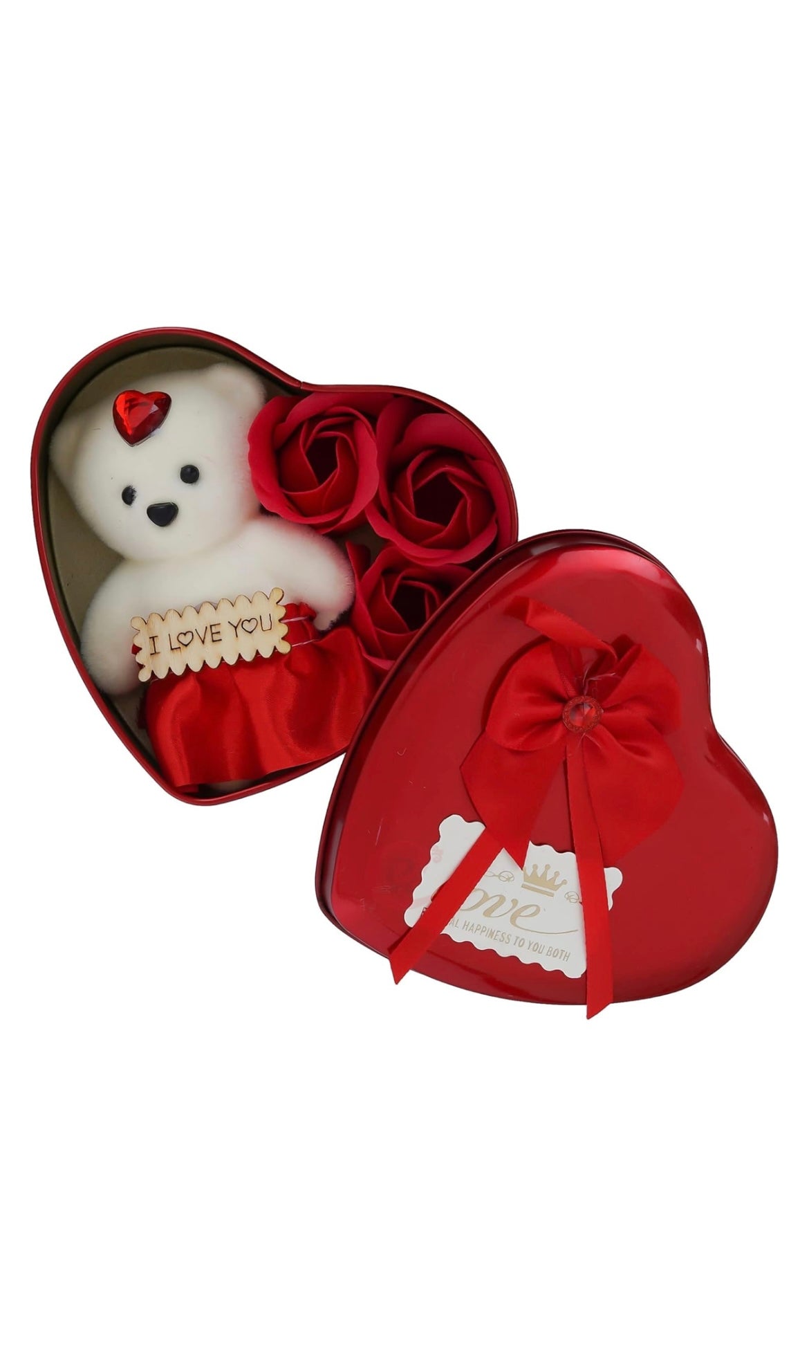 Heart Shaped Valentines Day Gift Box with I Love You Message Teddy Bear 3 Red Roses