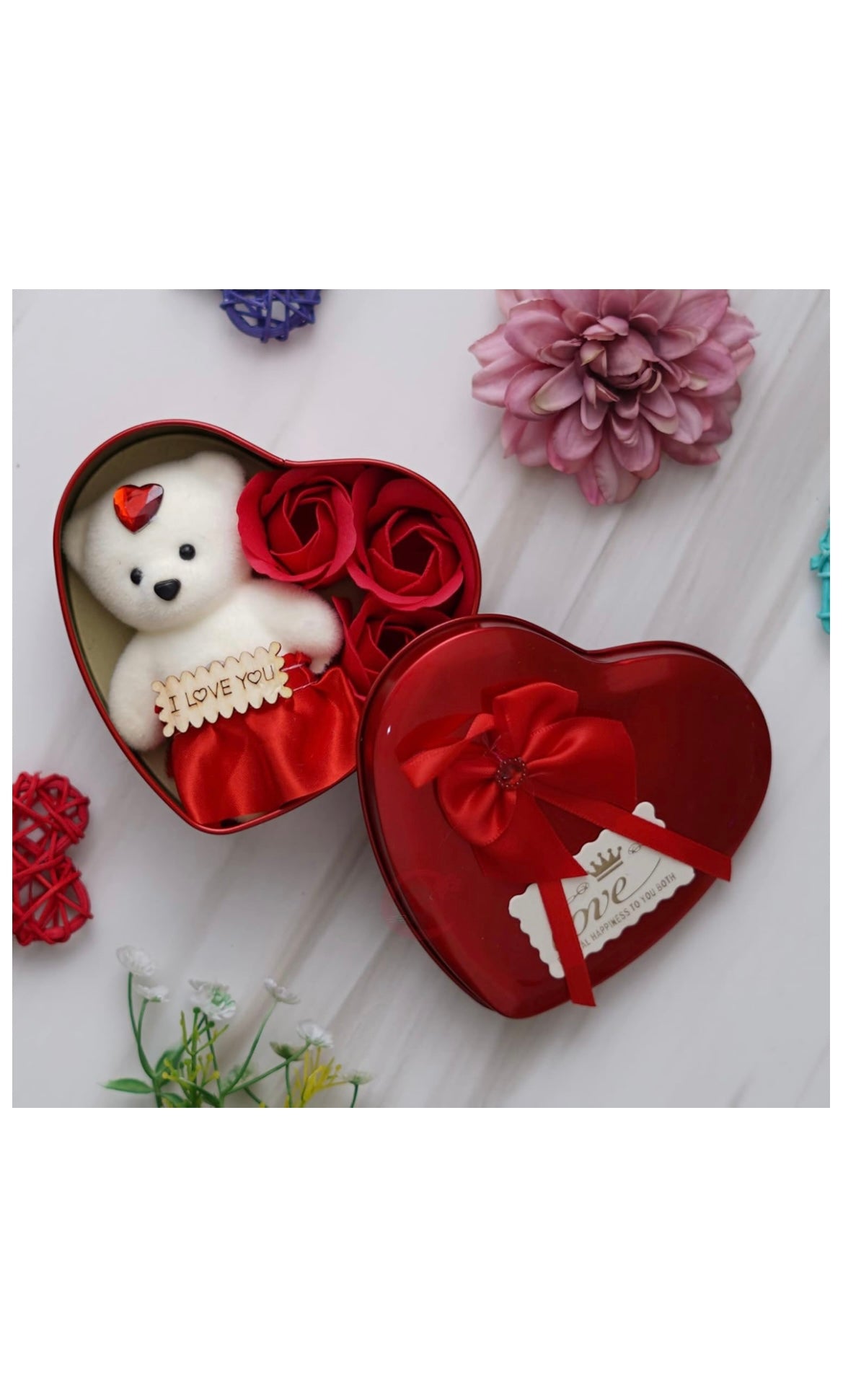 Heart Shaped Valentines Day Gift Box with I Love You Message Teddy Bear 3 Red Roses