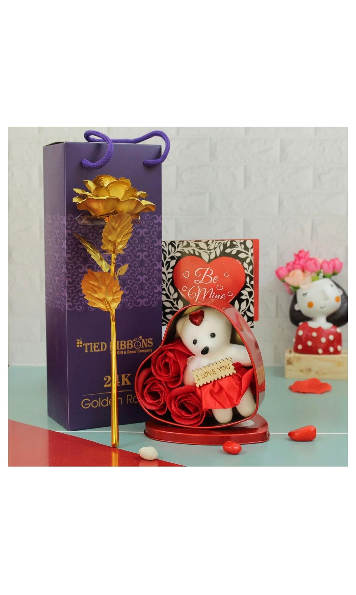 (Special 24K Gold Plated Rose, Scented Rose Flowers with Teddy Gift Box Combo)